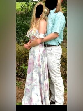 Mori Lee Lavender and Gray Ruffle V-Neck Bridesmaids Dress